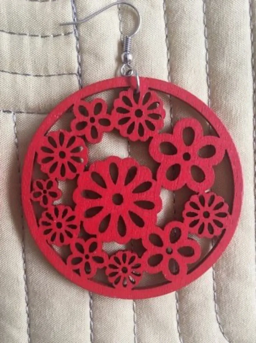 Earrings, laser cut wood - Red - Image 1