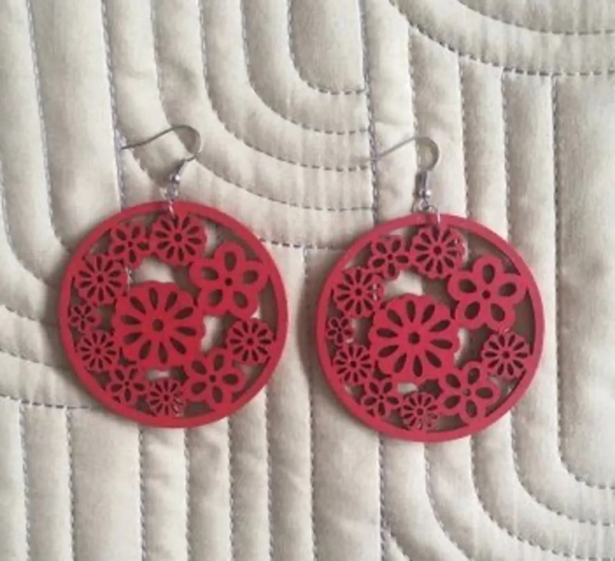 Earrings, laser cut wood - Red - Image 2