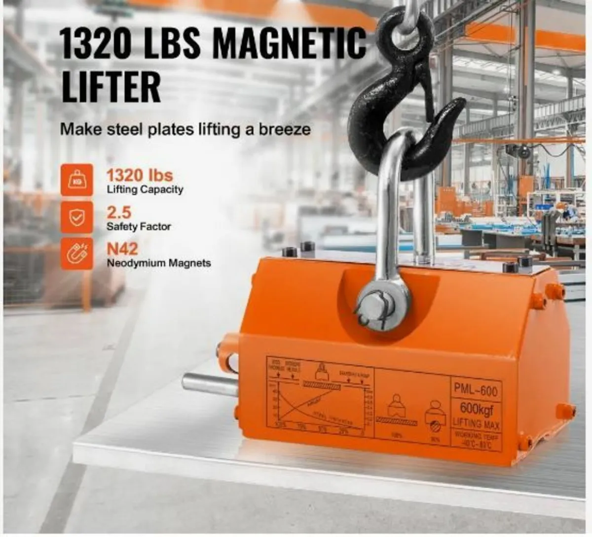 Magnetic Lifter, 1320 lbs/600kg Pulling Capacity - Image 3