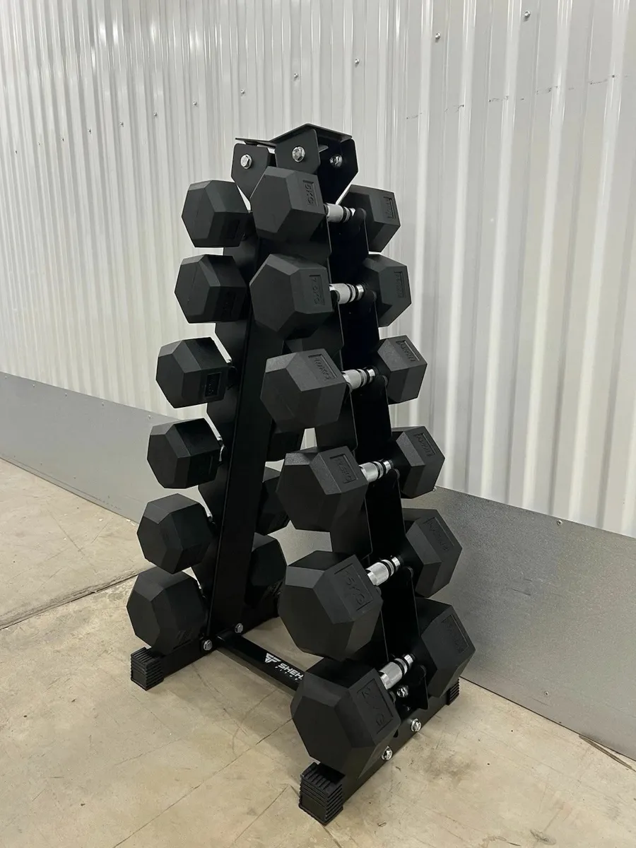 Hex Dumbbell 5- 20kg Set With Vertical Rack Stand - Image 1
