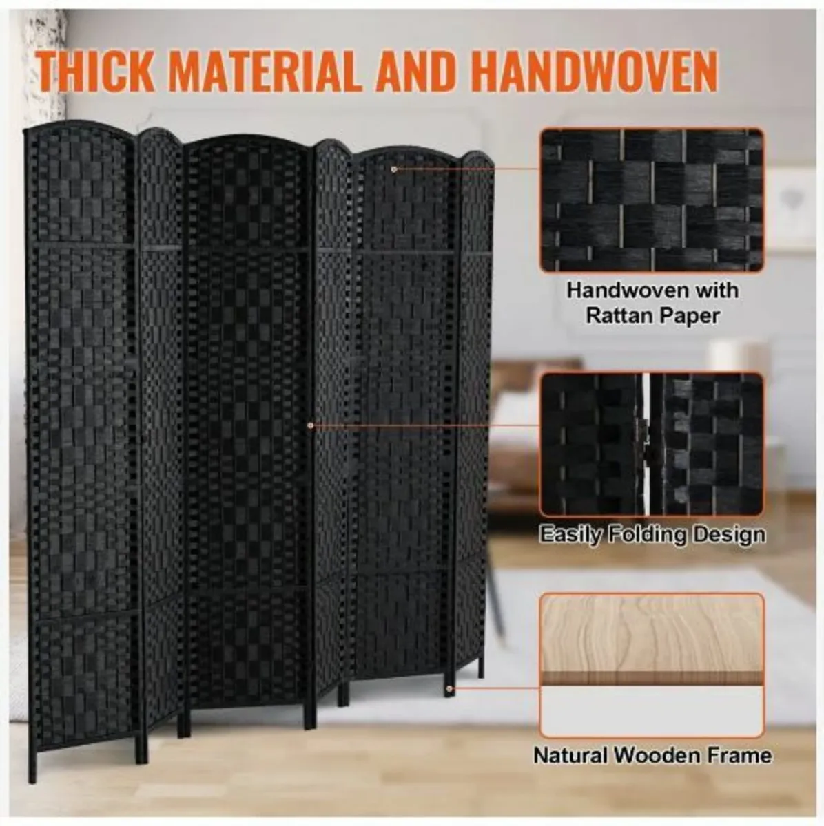 6 Panel Room Divider Hand-Woven Folding - Image 1