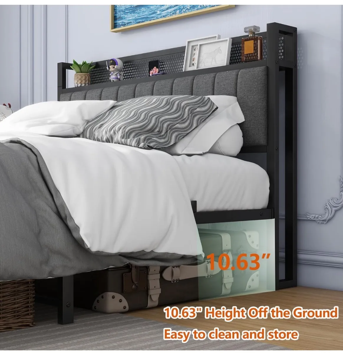 Double Bed Frame with Wooden Storage Headboard She - Image 3