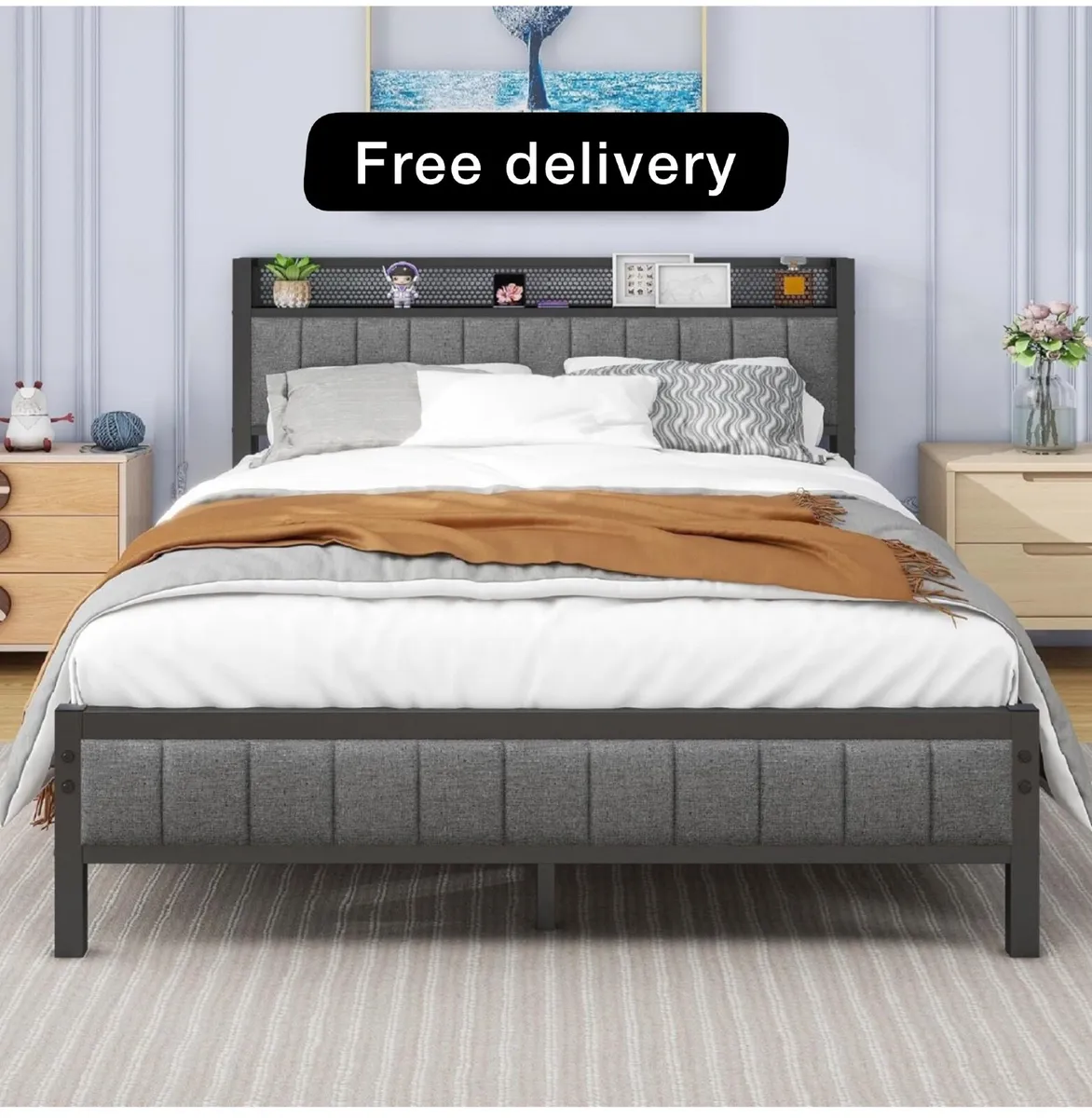 Double Bed Frame with Wooden Storage Headboard She - Image 1