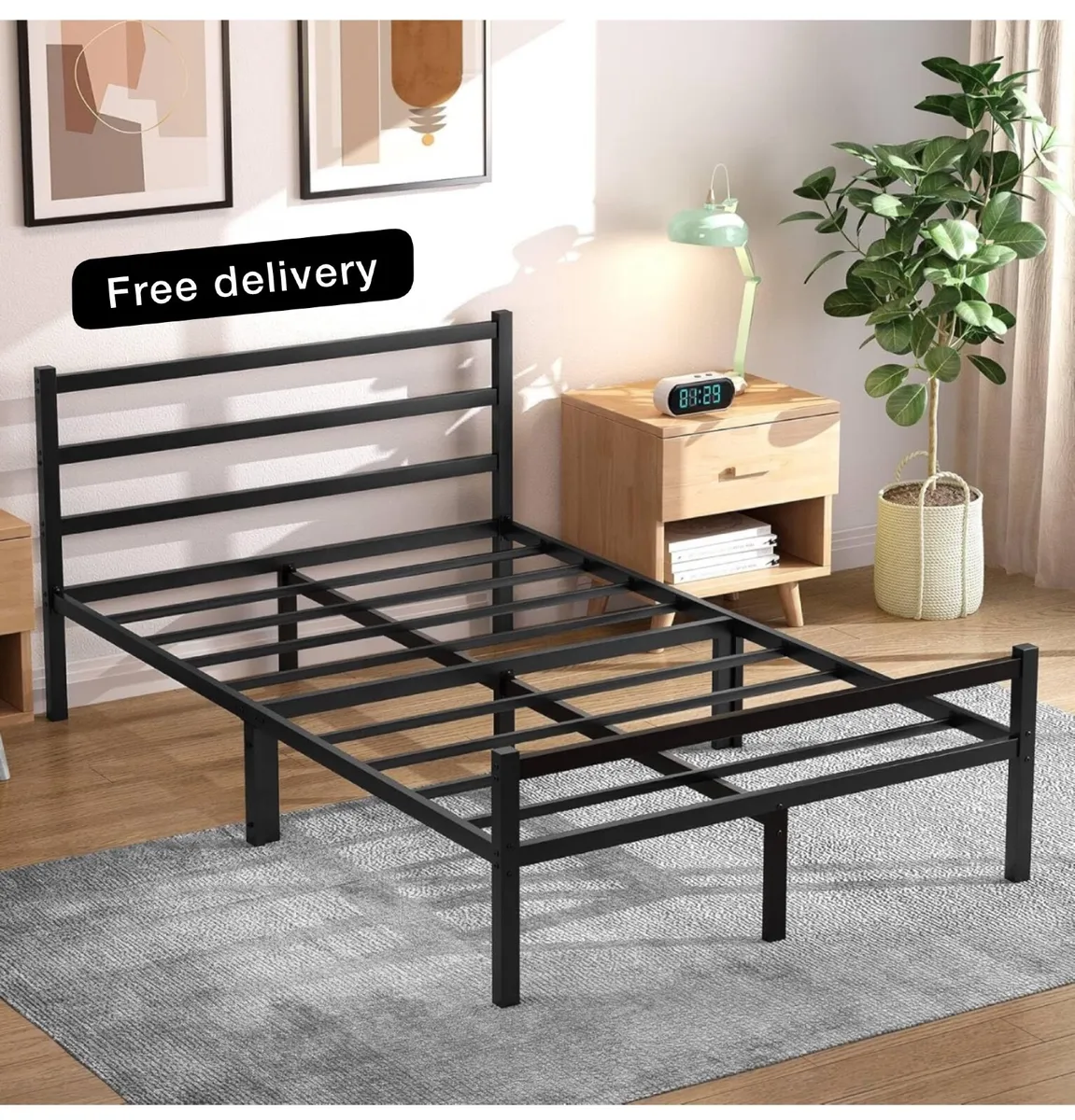 Double Bed Frames with Headboard 4ft6 Black Metal - Image 1