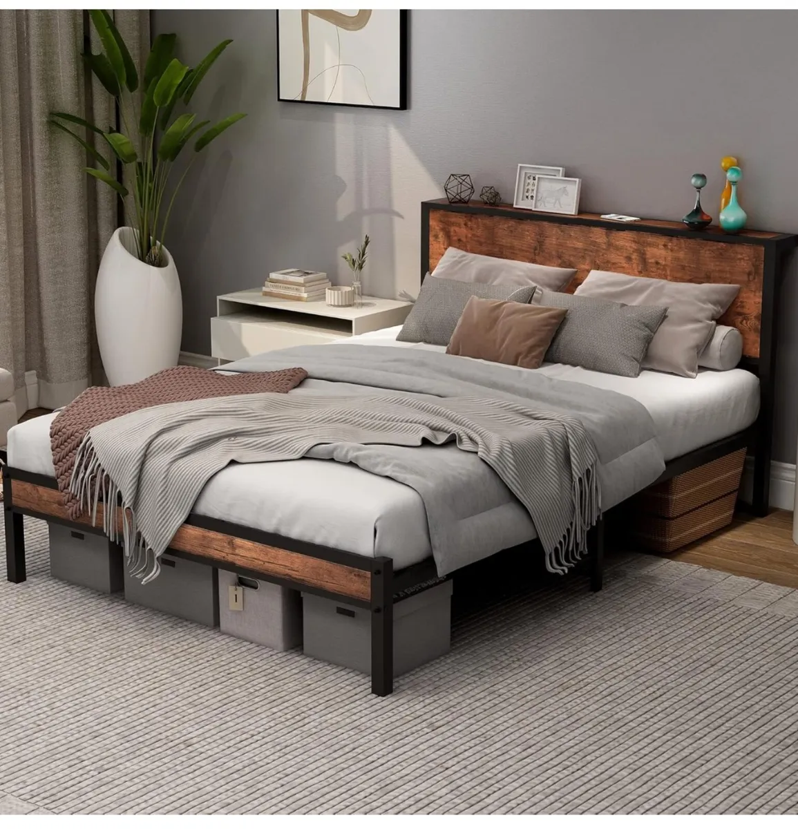 Double Bed Frame with Wooden Storage Shelf Headboa - Image 1