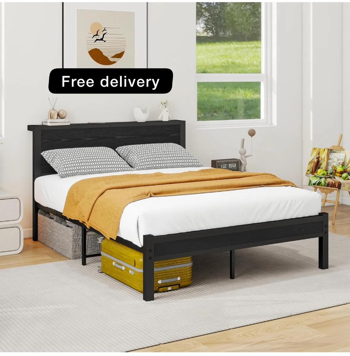 Double Bed Frame with Wooden Storage Shelf Headboa - Image 1
