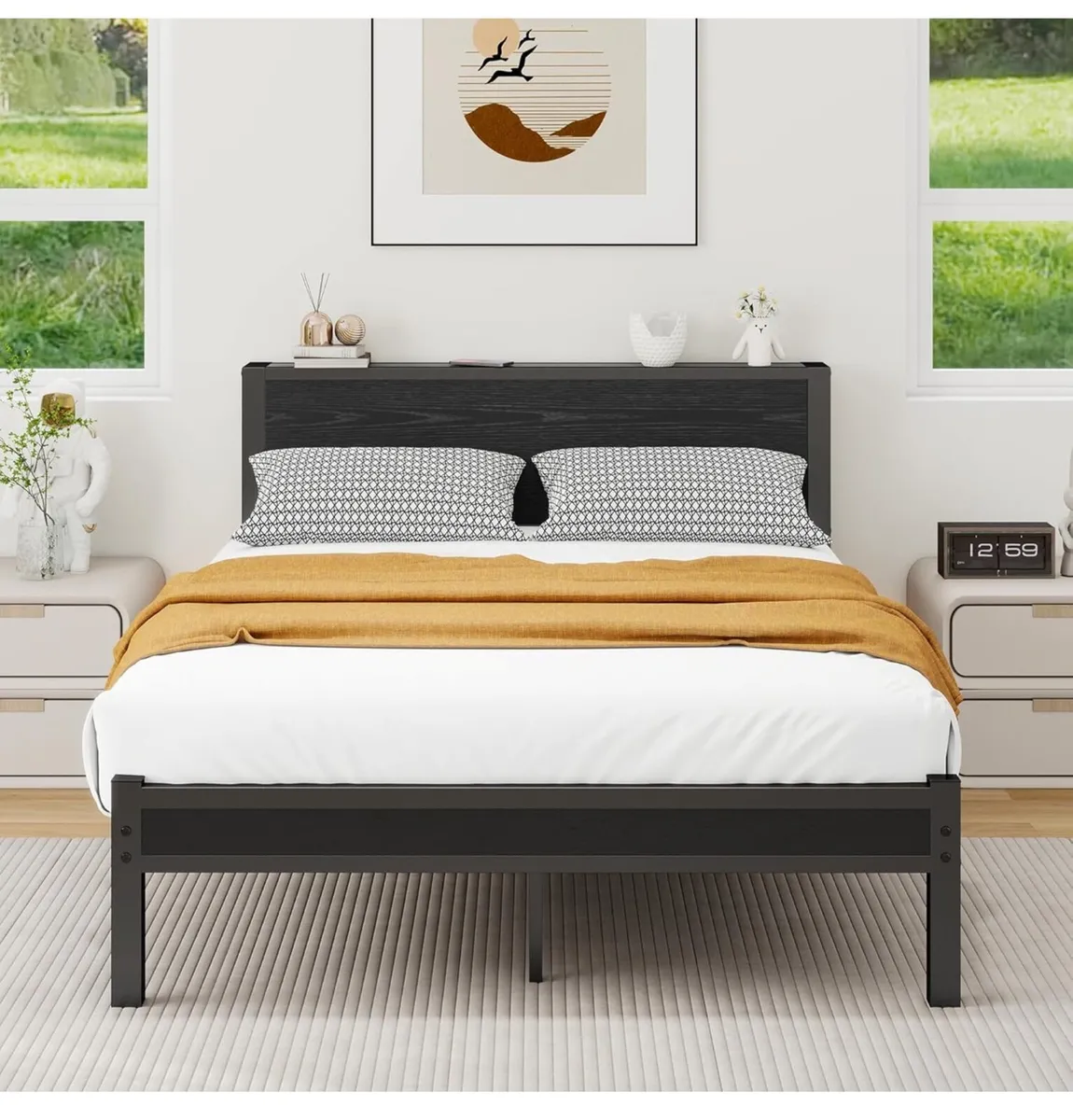Double Bed Frame with Wooden Storage Shelf Headboa - Image 1