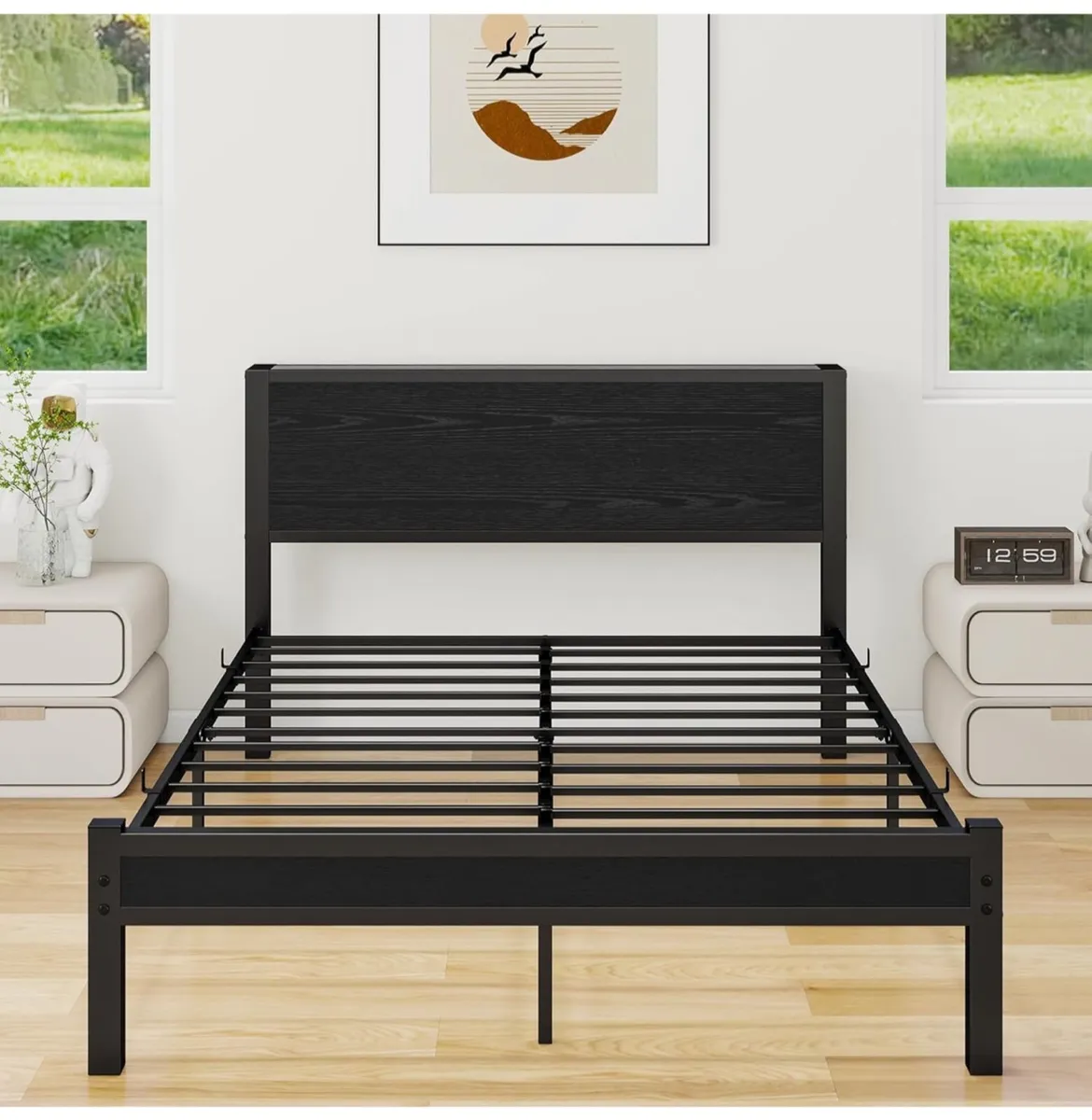 Double Bed Frame with Wooden Storage Shelf Headboa - Image 3
