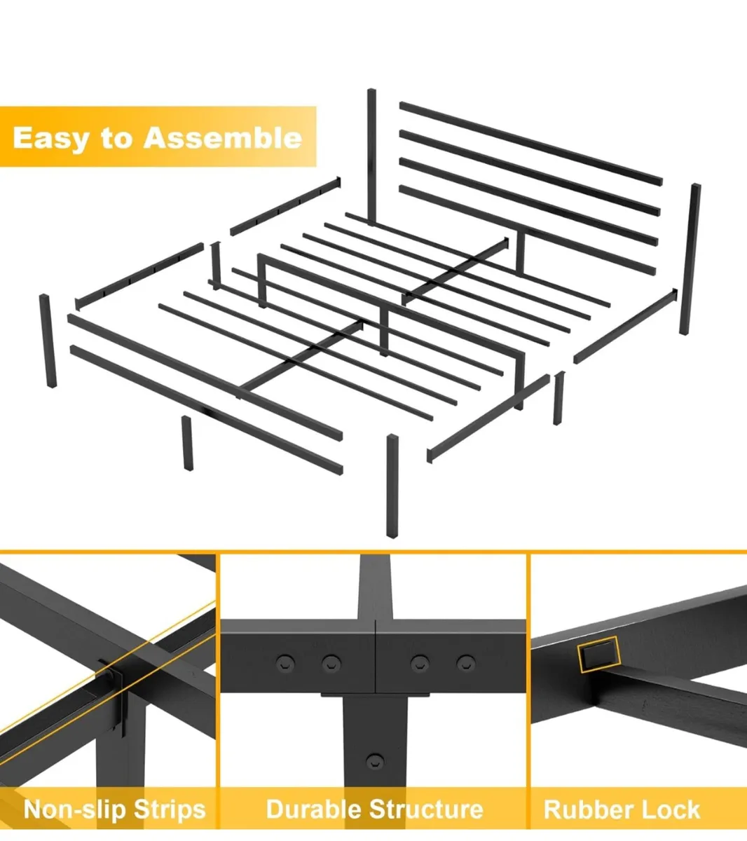 Double Bed Frames with Headboard 4ft6 Black Metal - Image 3