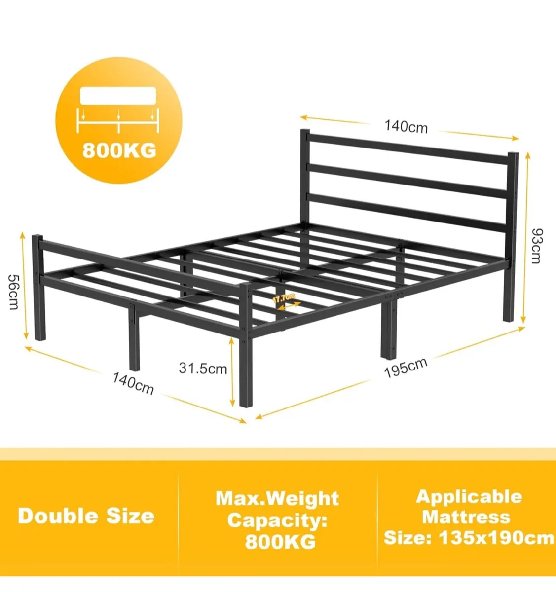 Double Bed Frames with Headboard 4ft6 Black Metal - Image 4