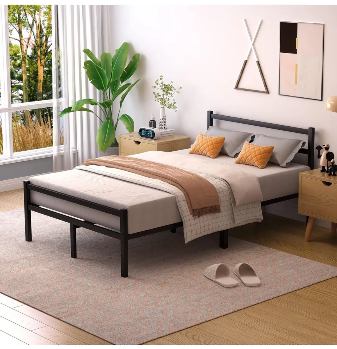 Double Bed Frames with Headboard 4ft6 Black Metal - Image 1