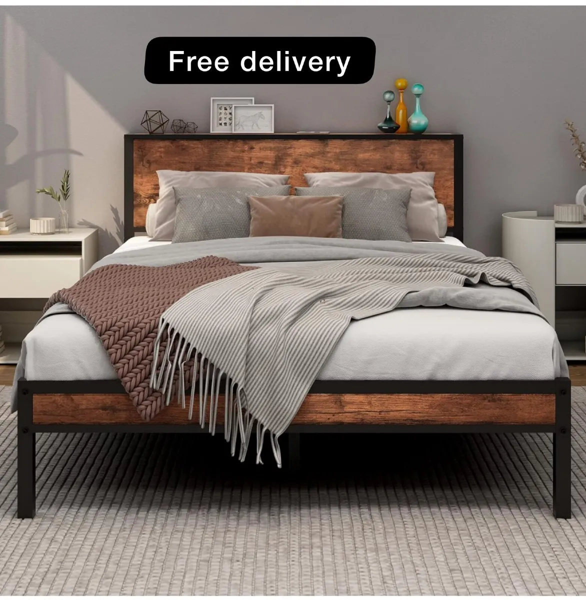 Double Bed Frame with Wooden Storage Shelf Headboa - Image 1