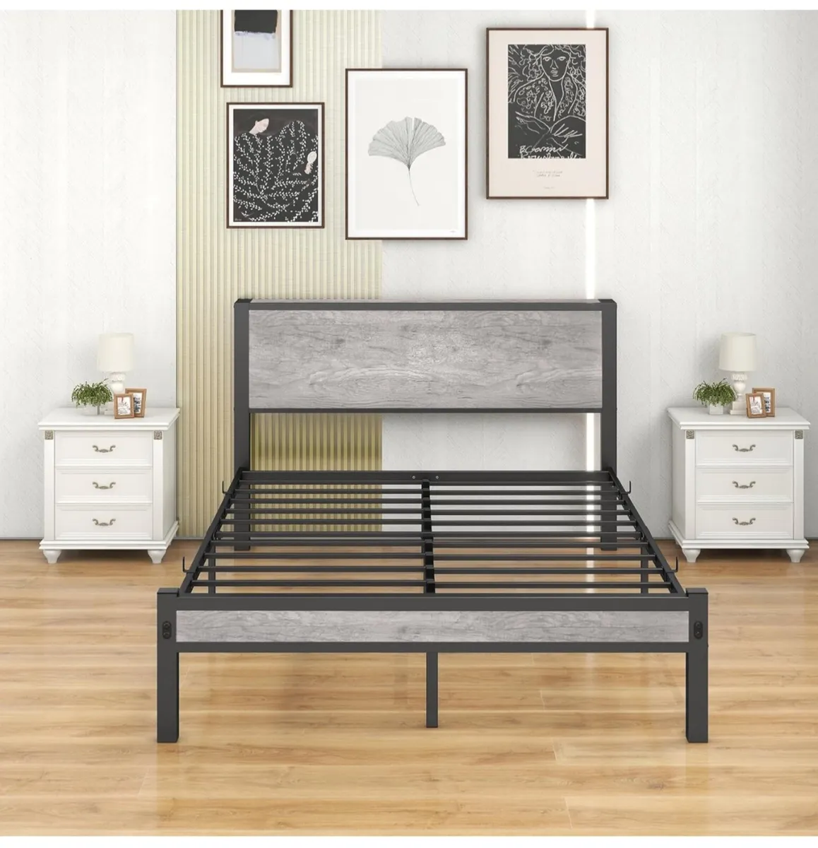 Bed Frames with Storage Wooden Headboard, Metal 4f - Image 2