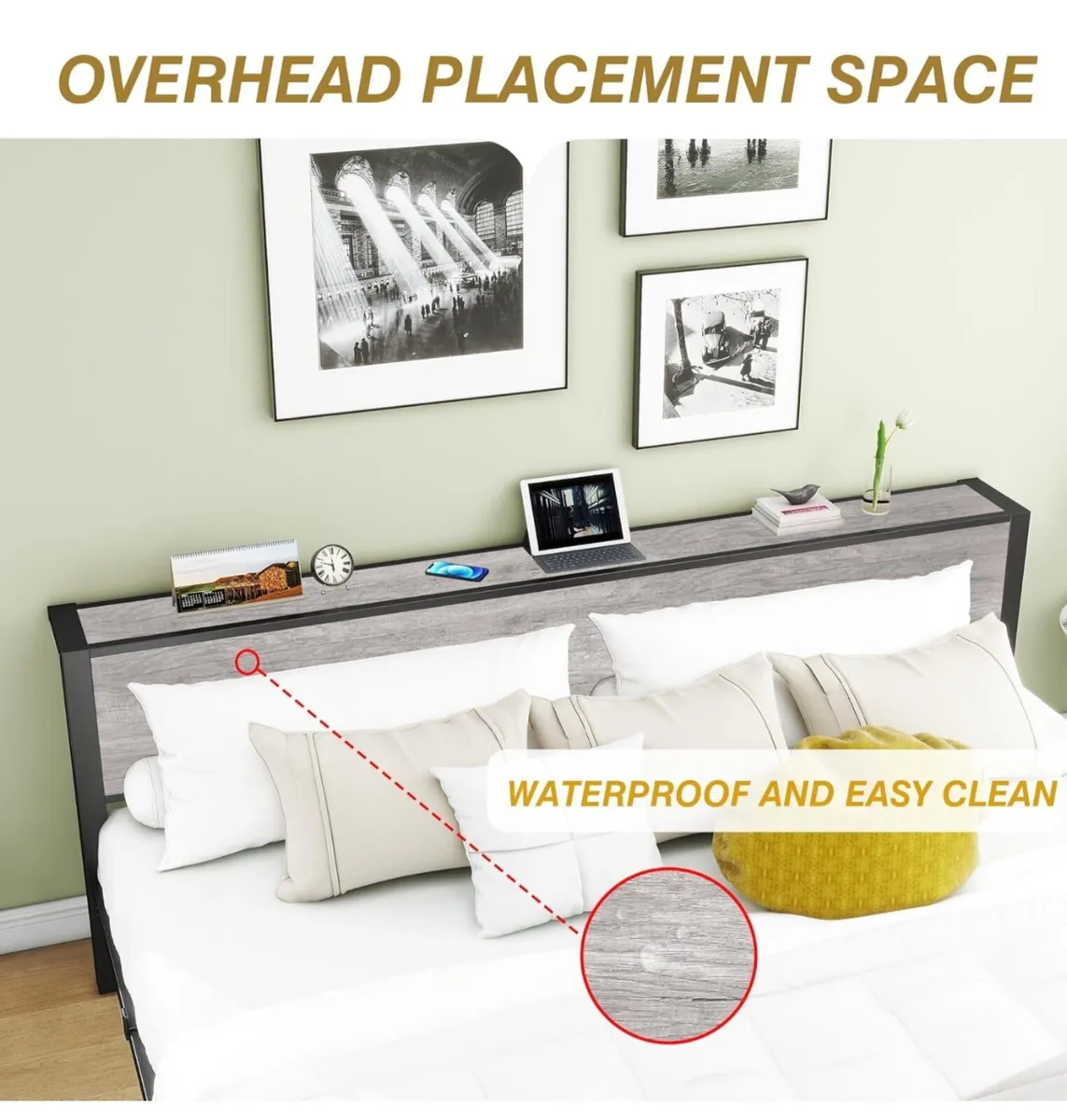 Bed Frames with Storage Wooden Headboard, Metal 4f - Image 4