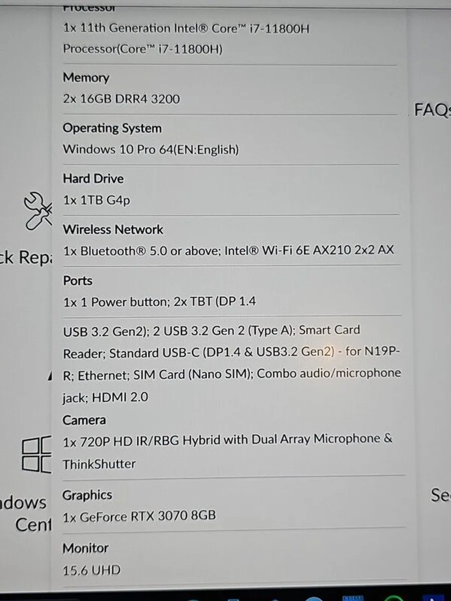 Lenovo T15g Gen2 i7(11th) 32gb 1tb Nvidia RTX 3070 15.6 4K HDR - Image 4