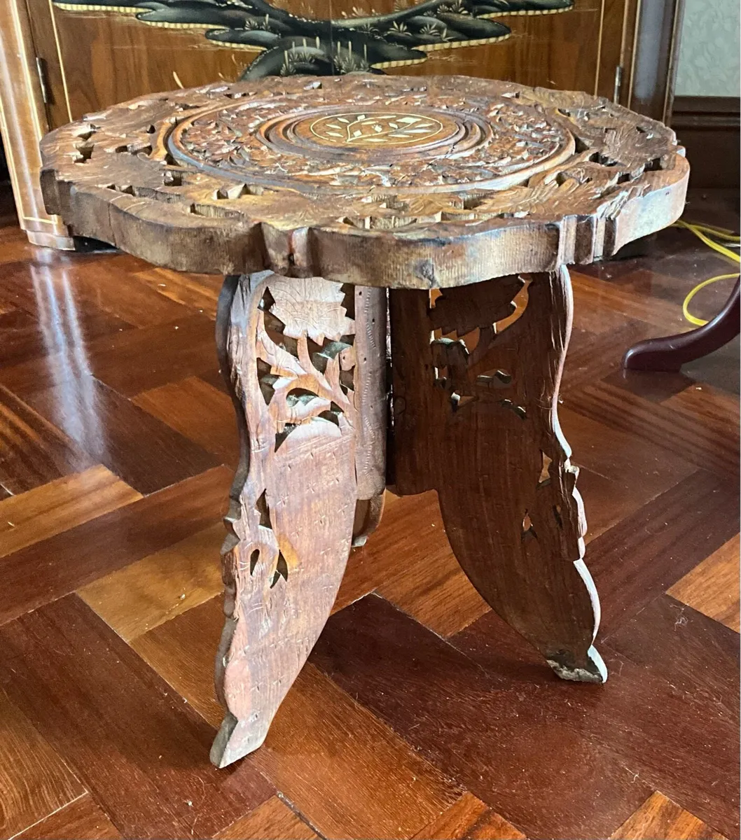 Vintage Hand Carved Decorative Inlaid Stand/Table - Image 2