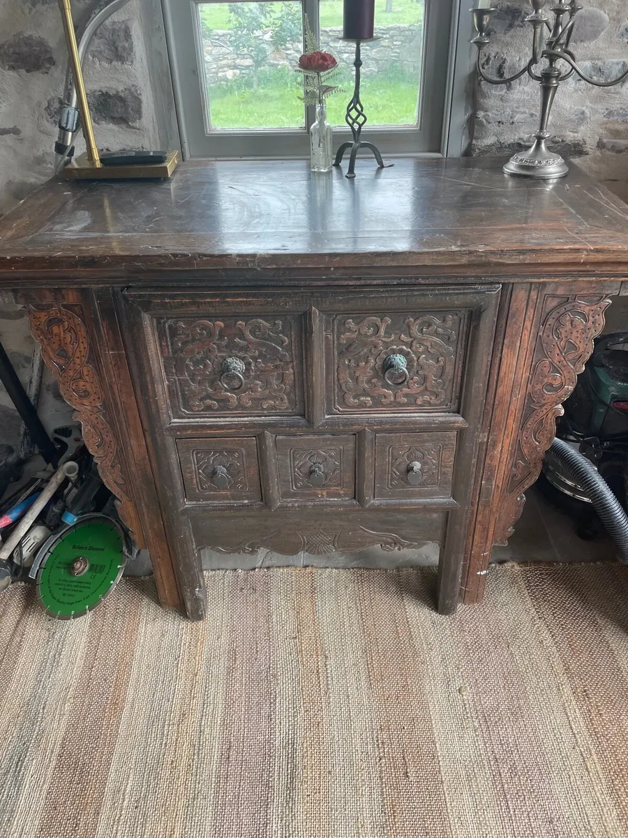 Vintage hand carved rustic desk, with chair - Image 1