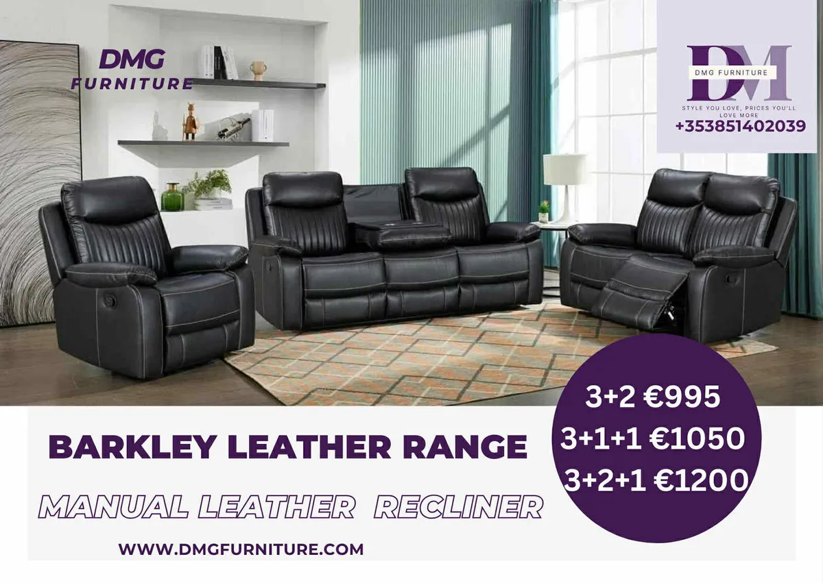 New 3+2 Barkley Black Leather Recliner Sofa - Image 1