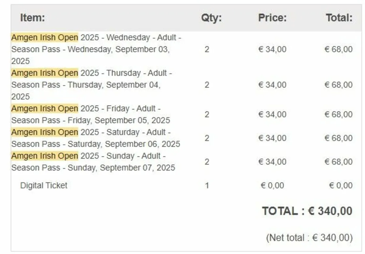 Irish golf tickets K Club (every day) x 2 - Image 2