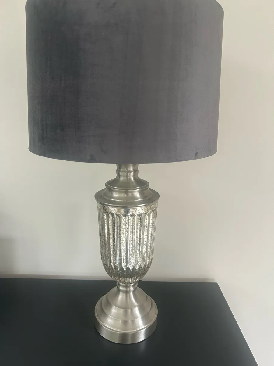 Silver lamp with grey velvet shade - Image 1