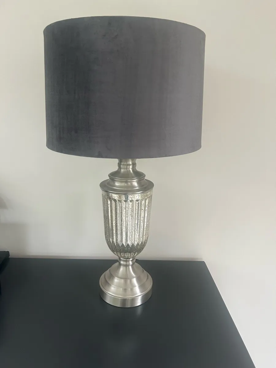 Silver lamp with grey velvet shade - Image 2