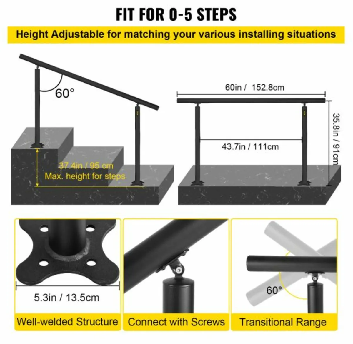 5 FT Aluminum Handrails for Outdoor 0-5 Steps - Image 3