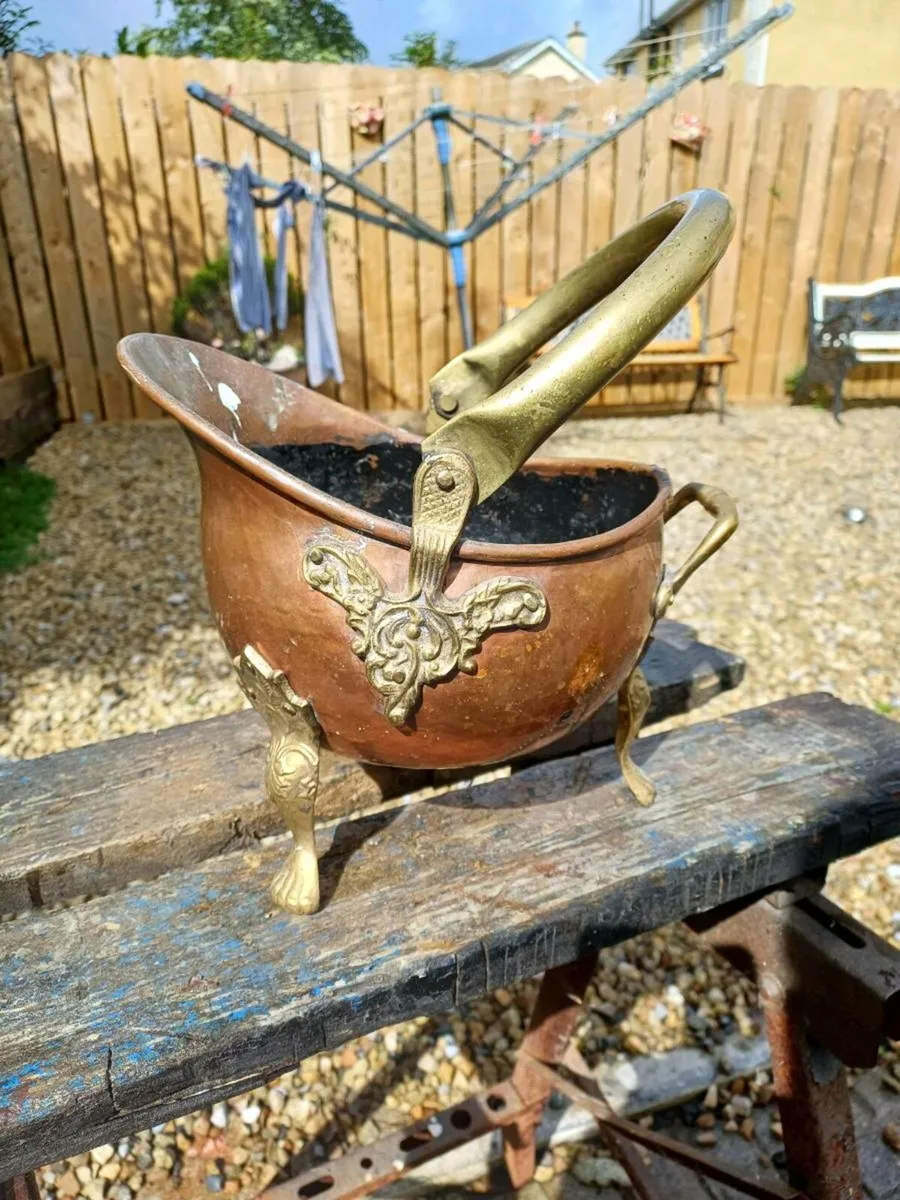 Antique Copper & Brass Helmet Coal Scuttle - Image 1