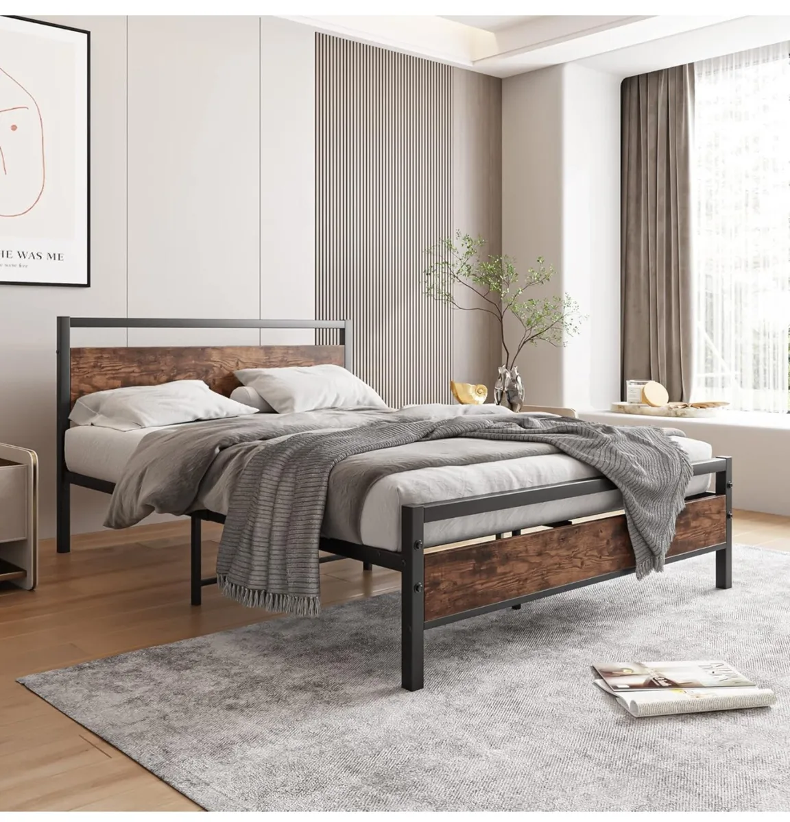 Double Bed Frame with Wooden Headboard,Heavy Duty - Image 1