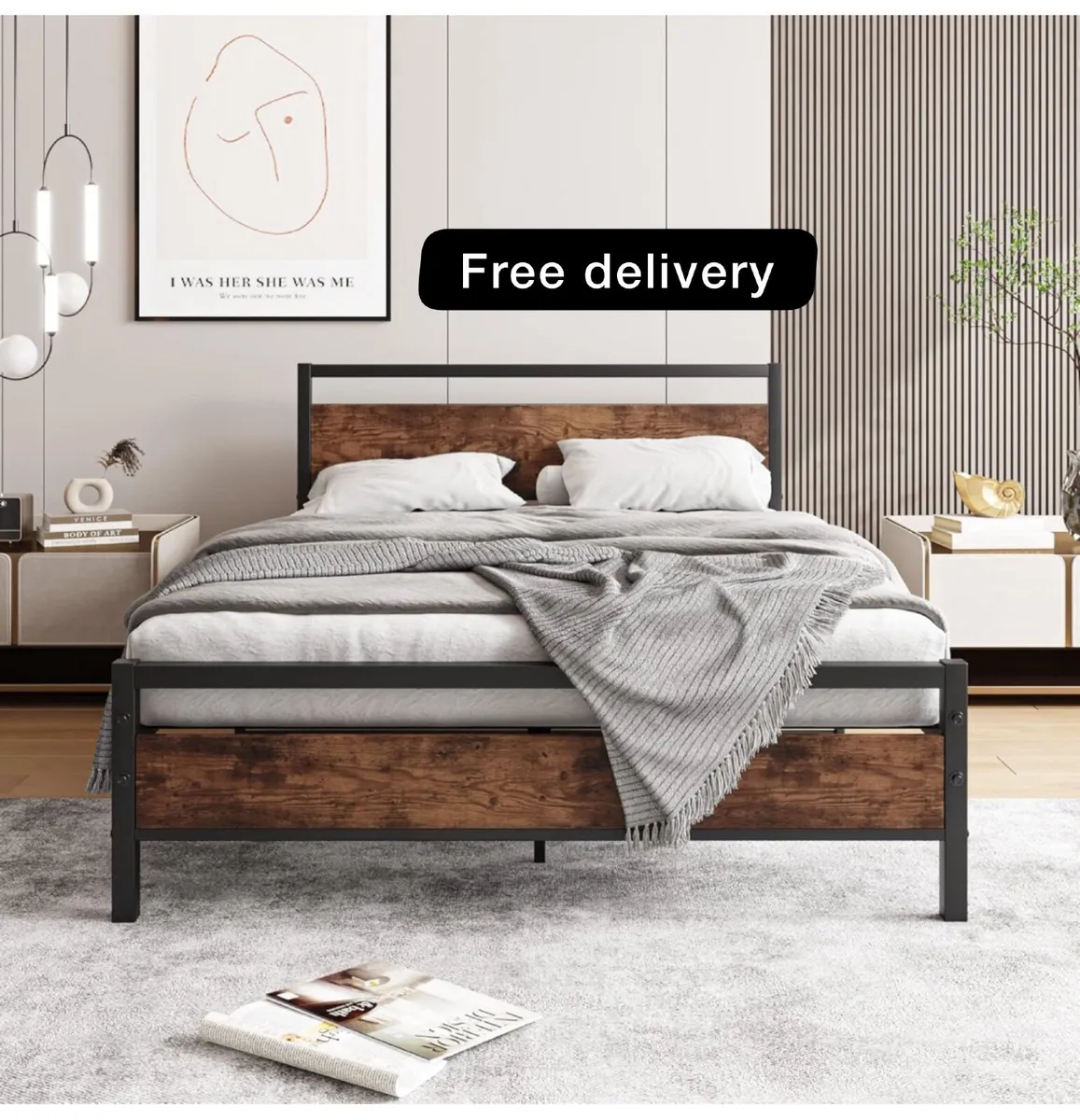Double Bed Frame with Wooden Headboard,Heavy Duty - Image 1