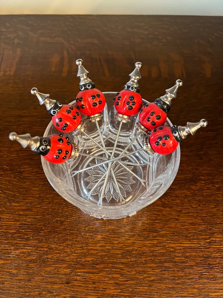 Vintage Ladybird Cocktail Picks with Glass Holder - Image 1