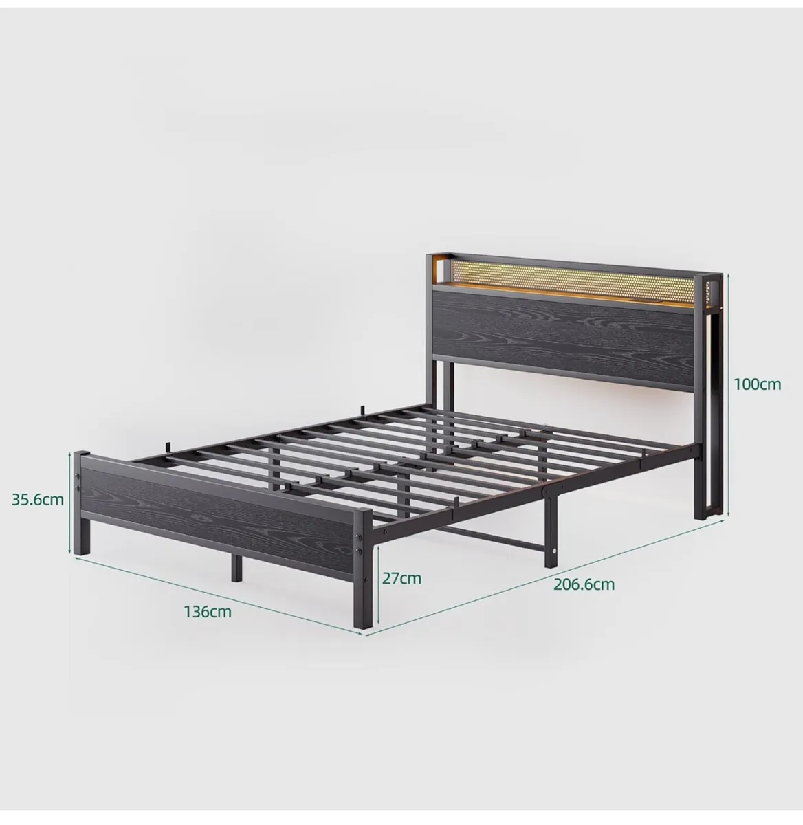 Metal Bed Frame Double Bed with Charging Station,S - Image 4