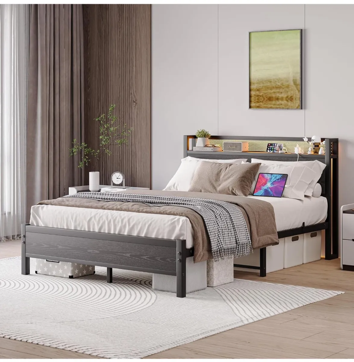 Metal Bed Frame Double Bed with Charging Station,S - Image 1