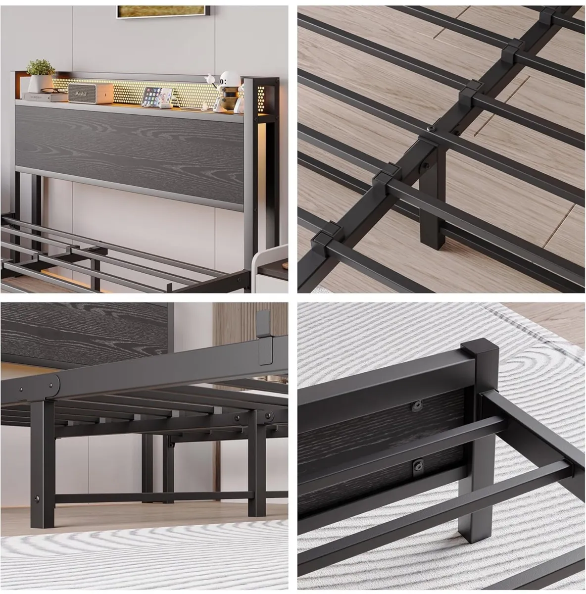 Metal Bed Frame Double Bed with Charging Station,S - Image 4