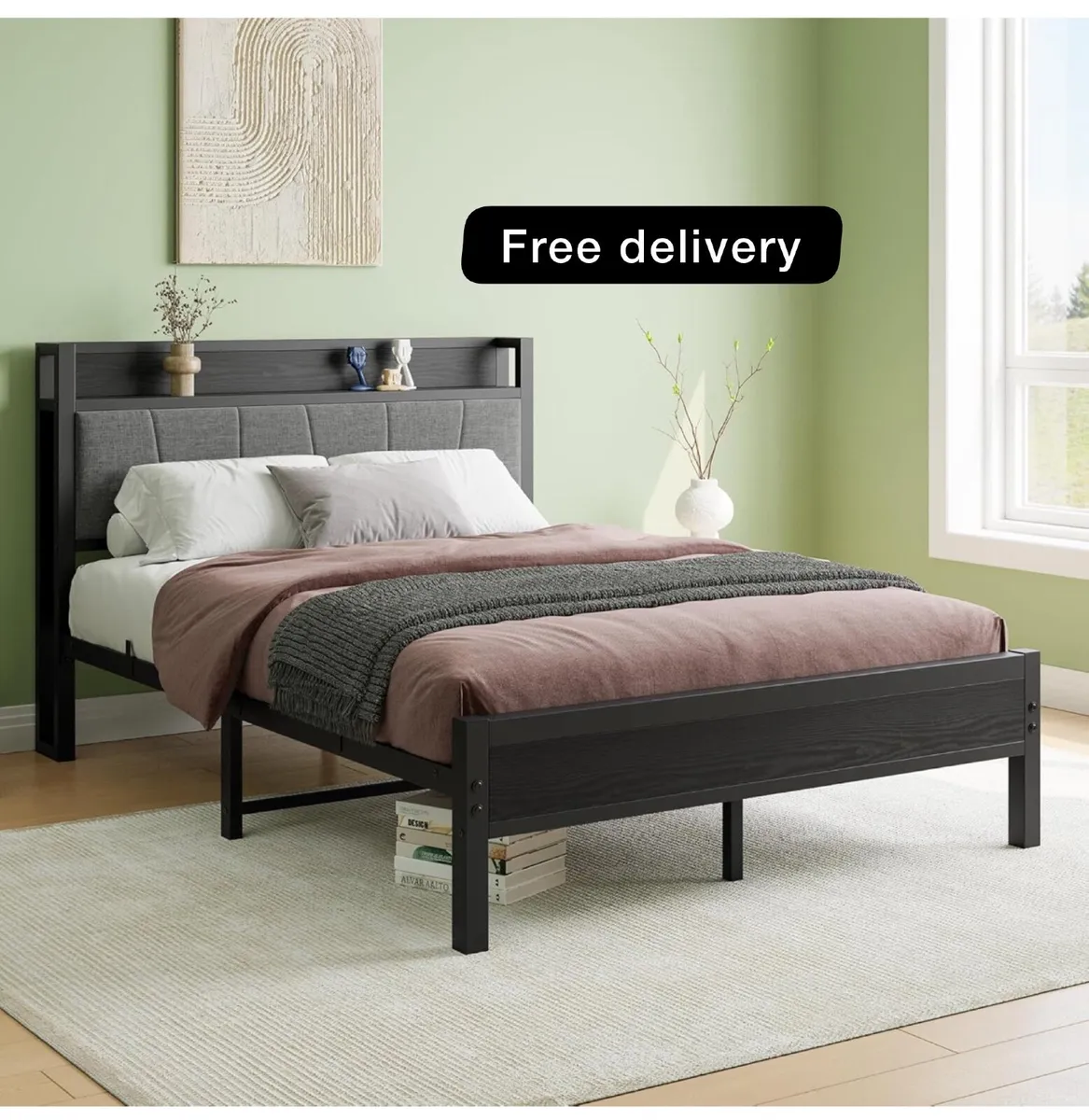 Double Bed Frames with Wooden Storage Headboard,He - Image 1