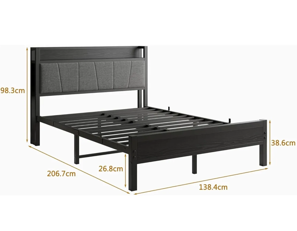 Double Bed Frames with Wooden Storage Headboard,He - Image 2