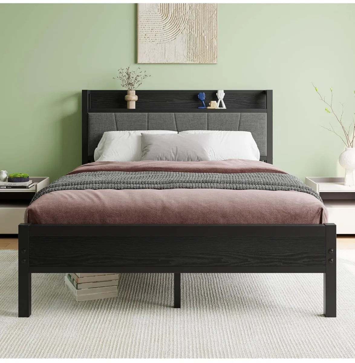 Double Bed Frames with Wooden Storage Headboard,He - Image 1