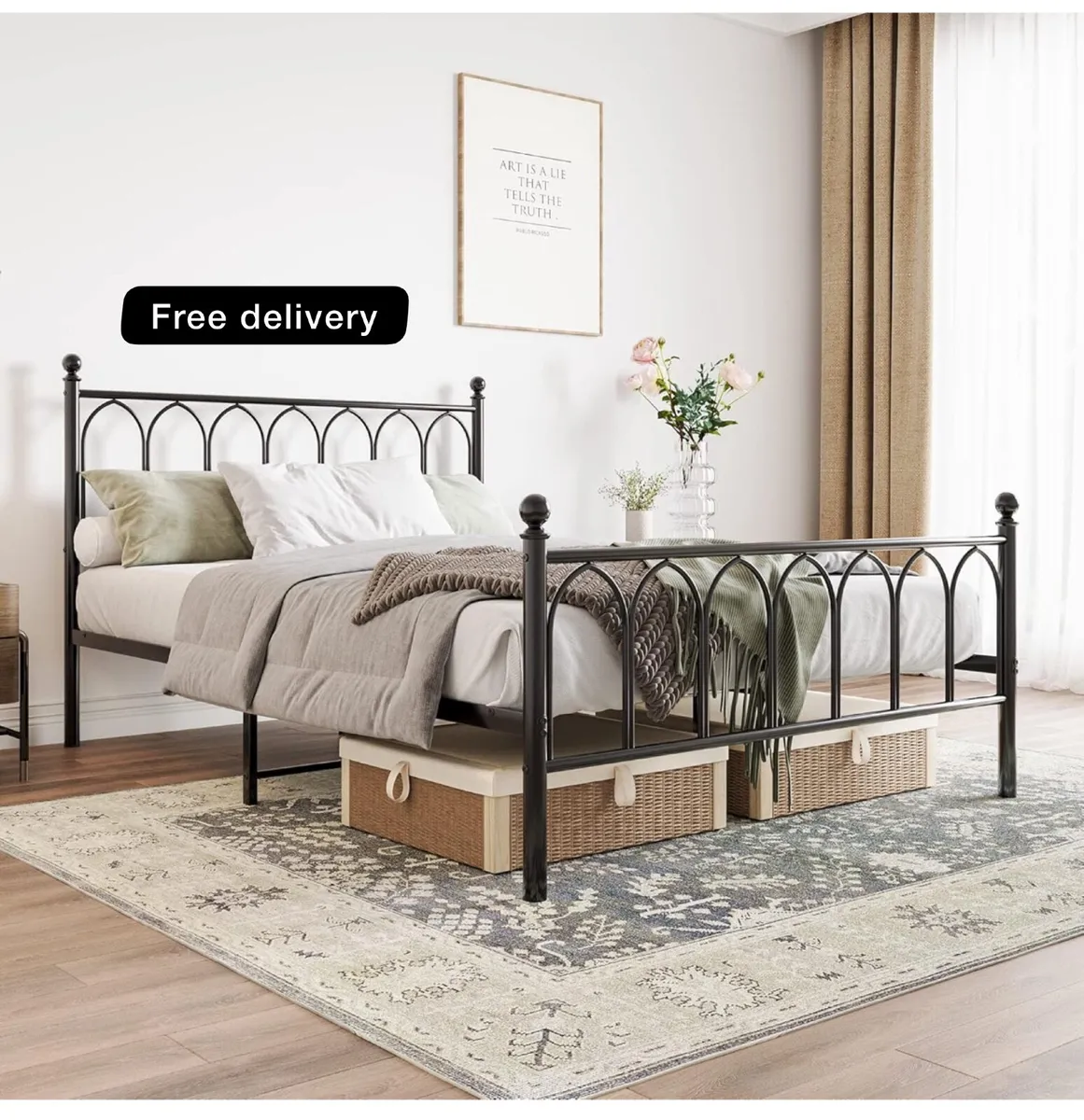 Double Metal Bed Frame 135 x 190 cm with Headboard - Image 1