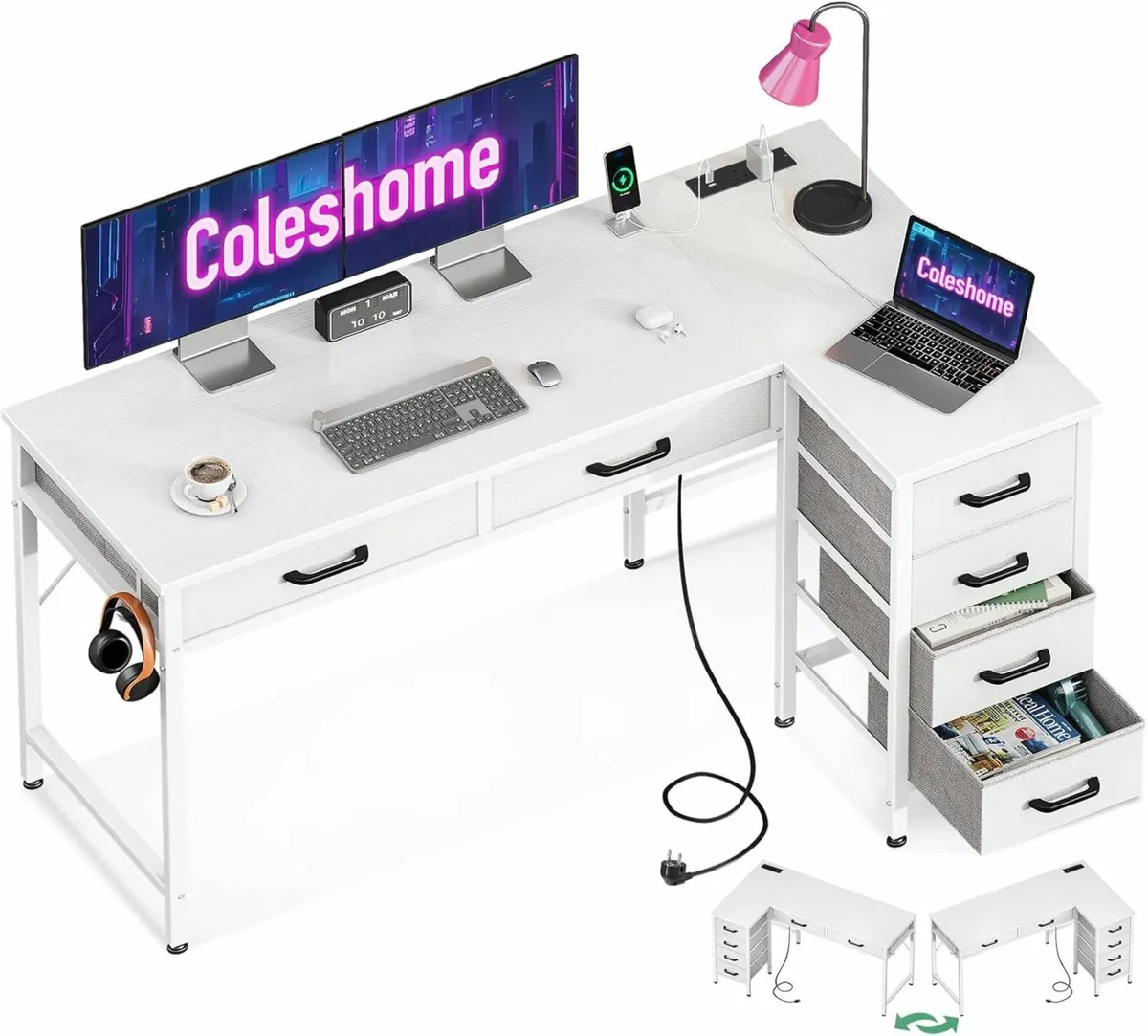 L Shaped Desk Office Drawers 126×80cm White - Image 2