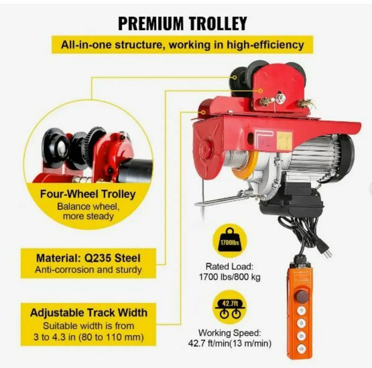 800Kg/1700Lbs Electric Trolley Hoist 1300W - Image 3