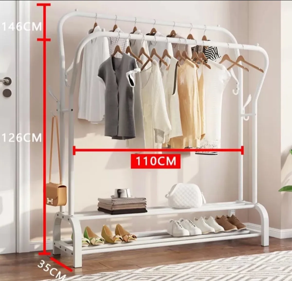 New White Double Clothes Rail with Shelves - Image 2