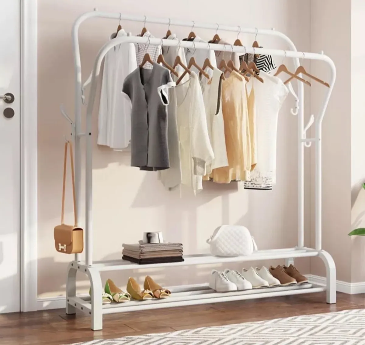 New White Double Clothes Rail with Shelves - Image 3