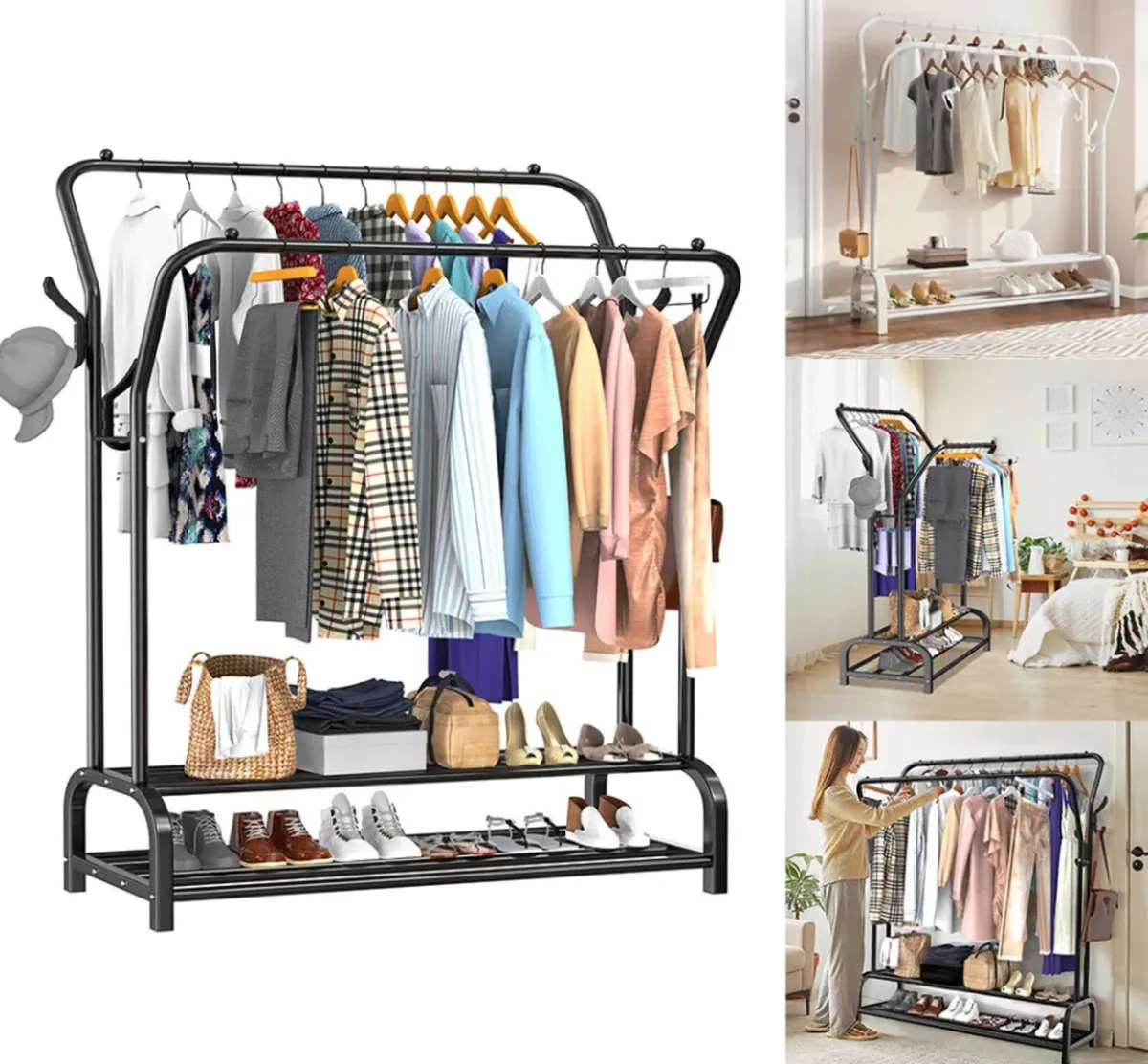 New White Double Clothes Rail with Shelves - Image 4