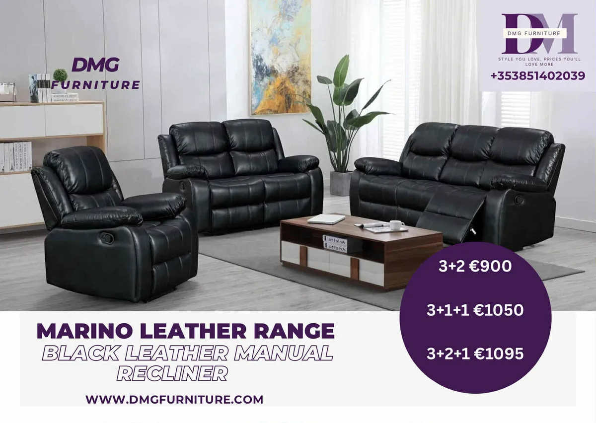 New Marino Grey Leather Manual Recliner Sofa Range - Image 1