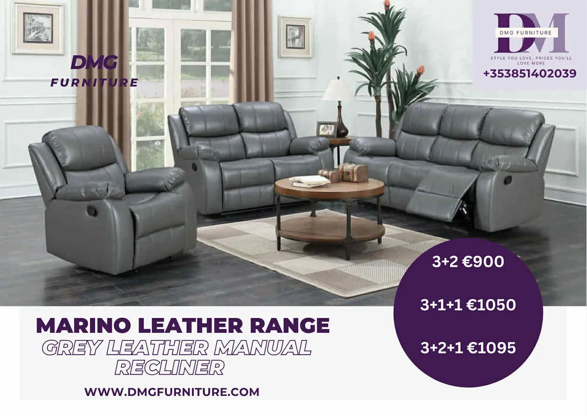 New Marino Grey Leather Manual Recliner Sofa Range - Image 2