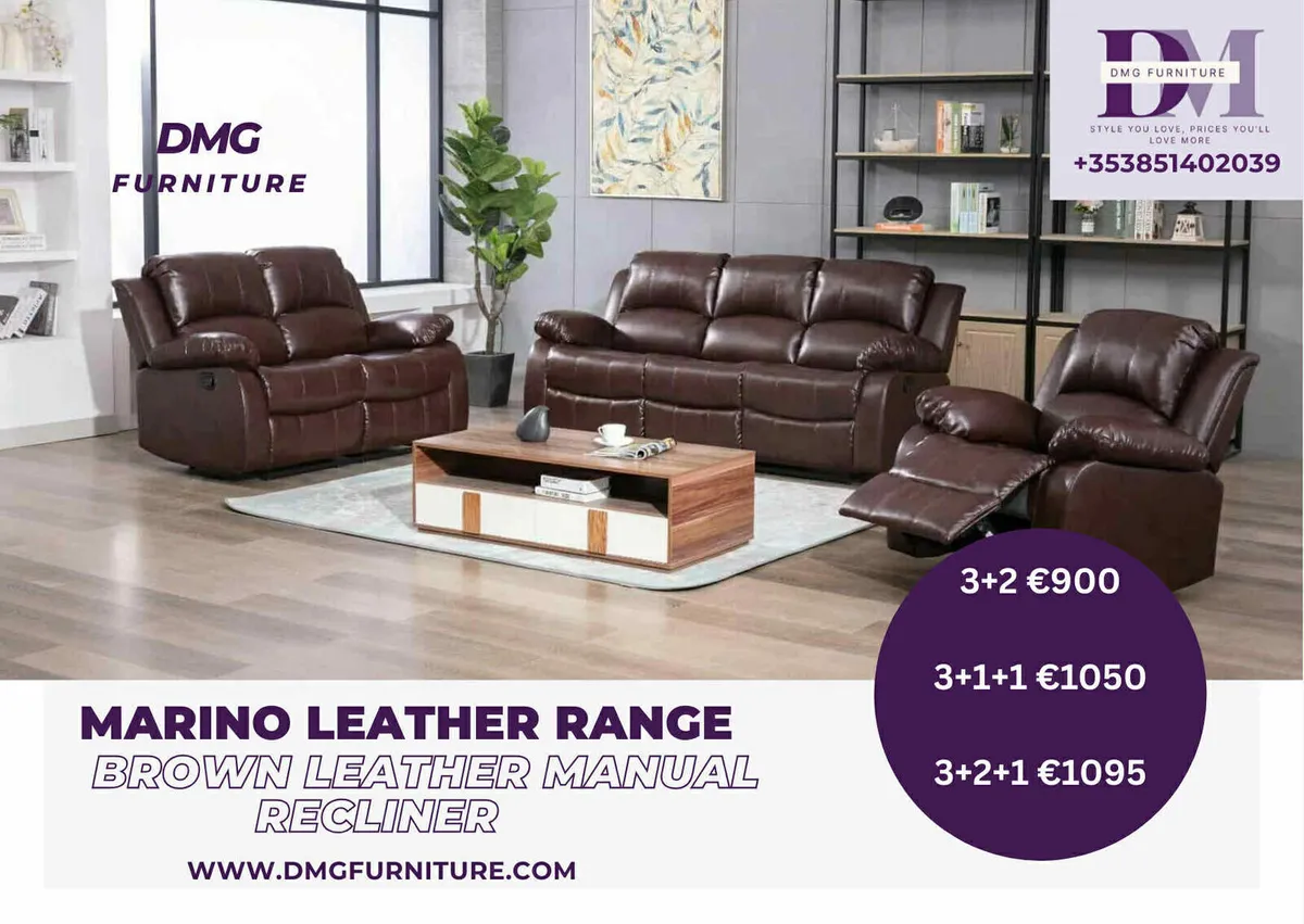 New Marino Grey Leather Manual Recliner Sofa Range - Image 3