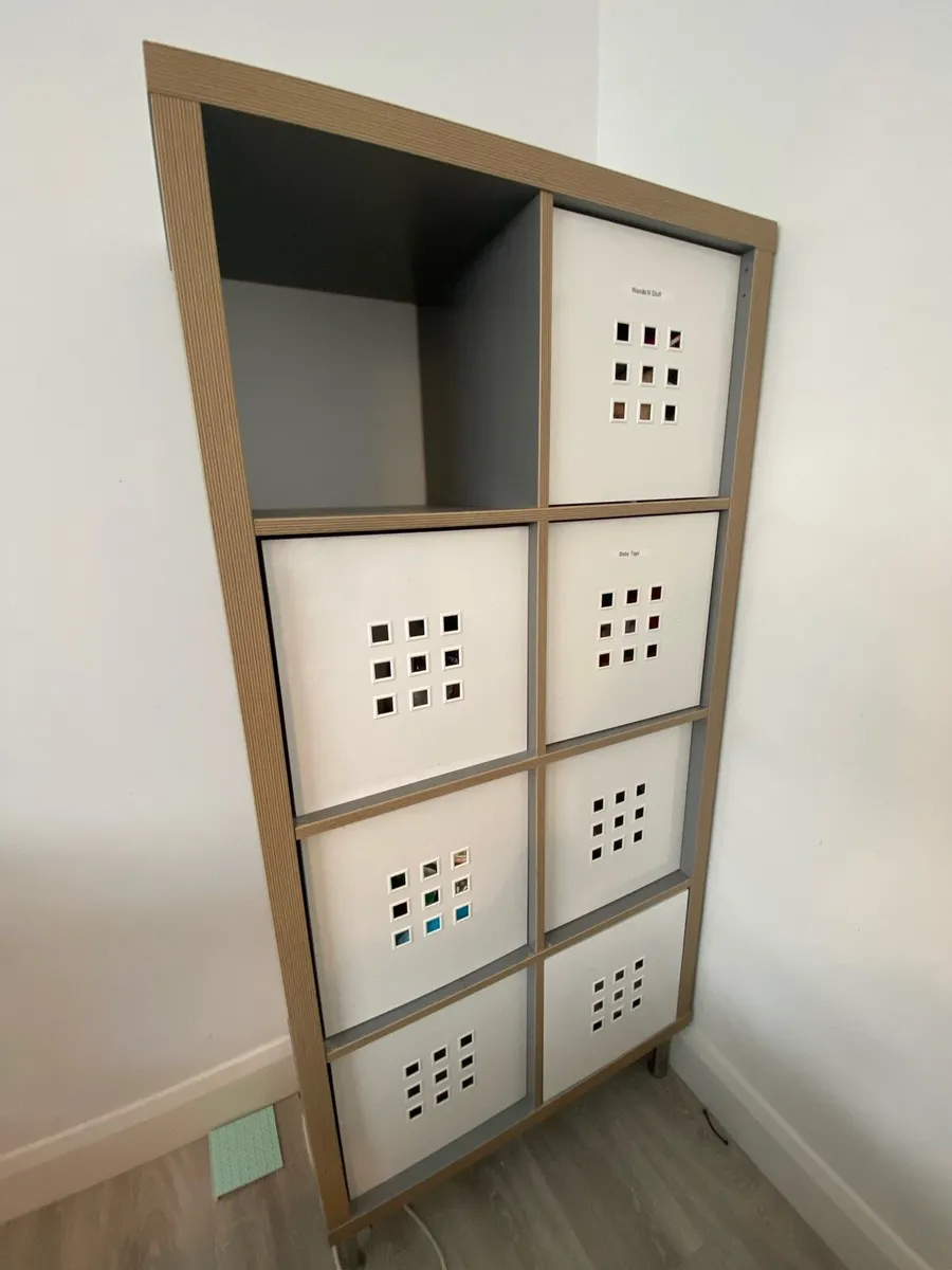 KALLAX shelving unit  grey/wood effect & boxes - Image 1