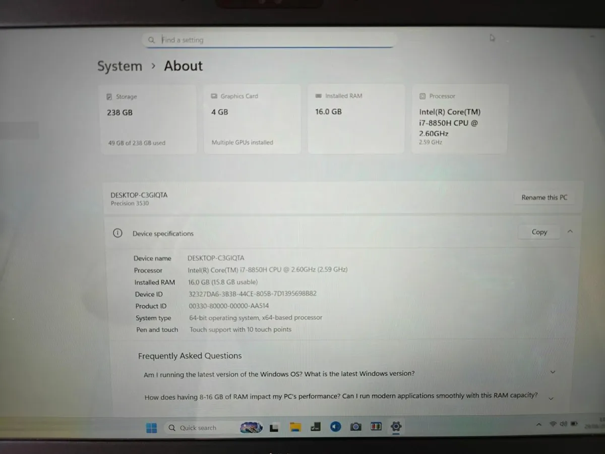 Dell Precision 3530 | i7 | 16GB | 256GB | Touch - Image 4