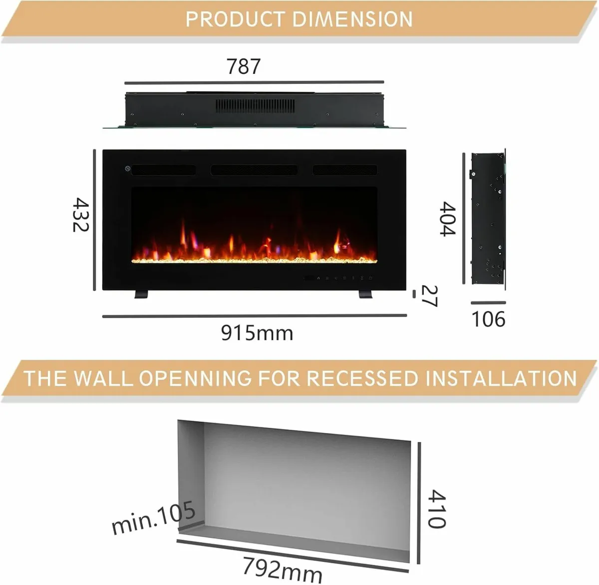 92cm/36" Fireplace, Freestanding Wall Mounted - Image 3