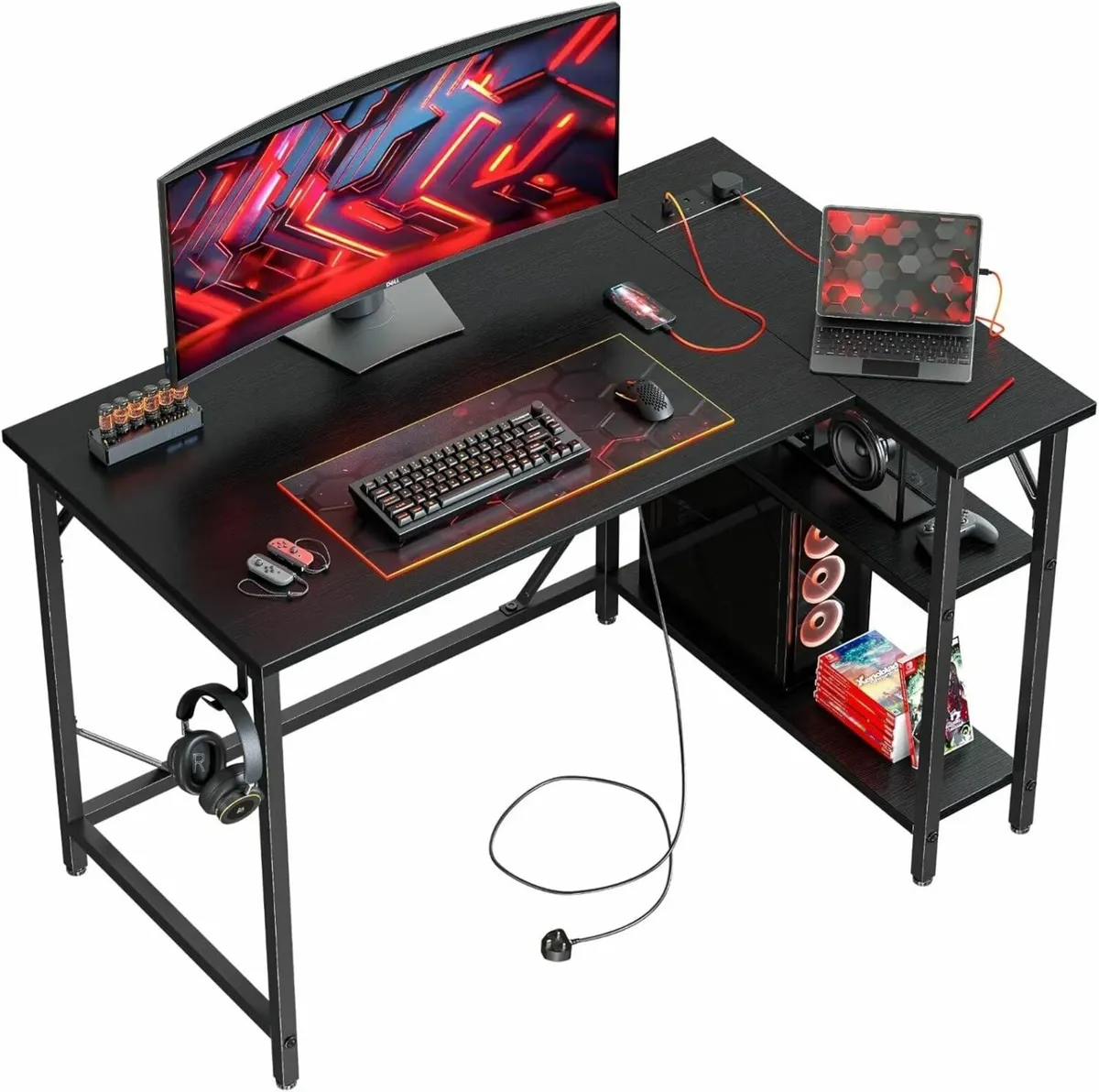 L Shaped Gaming Desk Power Outlets 100x70cm Table - Image 2