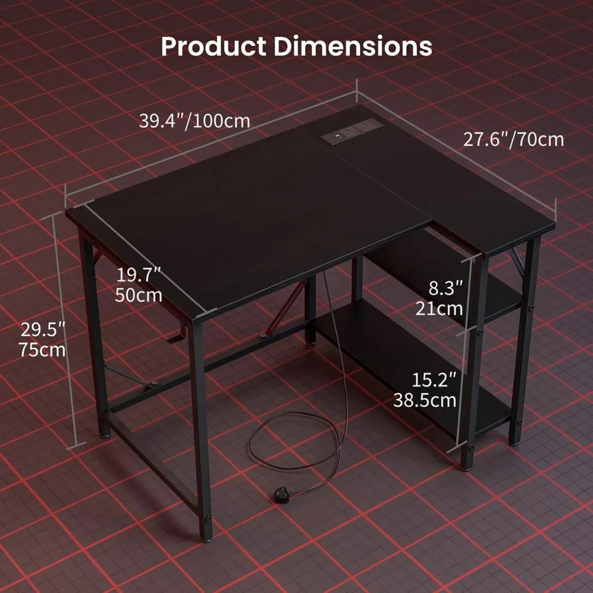 L Shaped Gaming Desk Power Outlets 100x70cm Table - Image 3